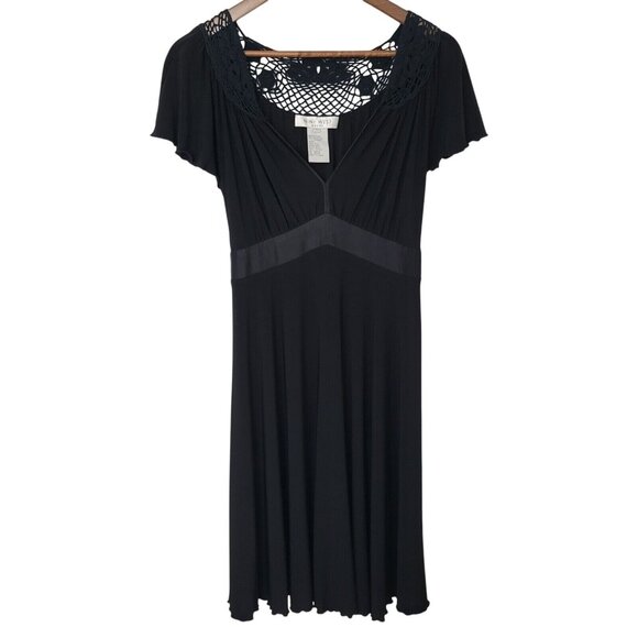 Nine West V-Neck Dress Womens Size 6 Black Cochet Tie Waist Witchy Whimsigoth - Picture 1 of 8